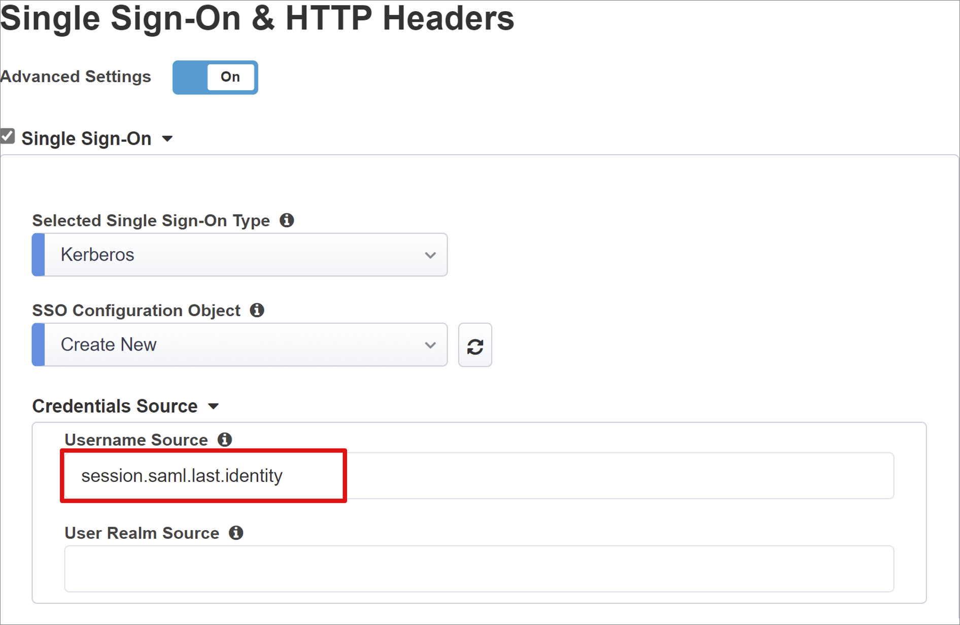 Captura de pantalla de opciones y selecciones para inicio de sesión único y encabezados HTTP.