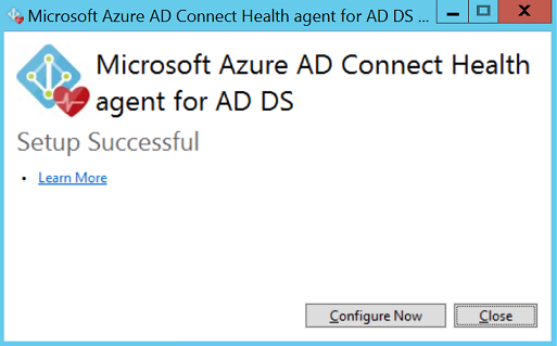 Screenshot showing the window that finishes the installation of the Microsoft Entra Connect Health agent for AD Domain Services.