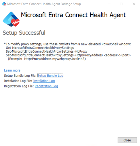 Captura de pantalla que muestra el mensaje de confirmación para la instalación del agente Microsoft Entra Connect Health AD FS.