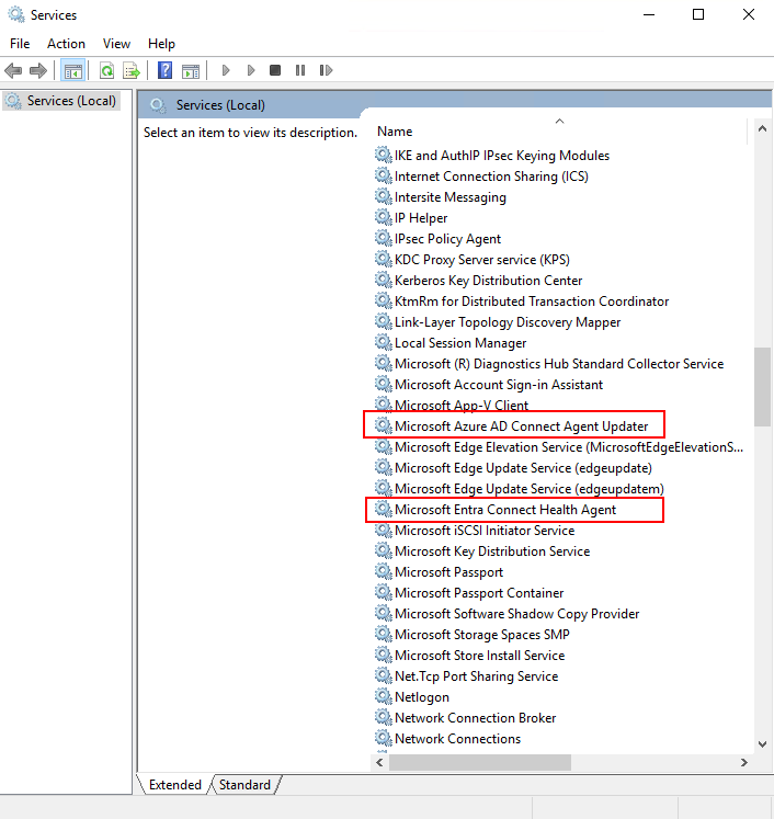 Screenshot that shows the running Microsoft Entra Connect Health for sync services on the server.