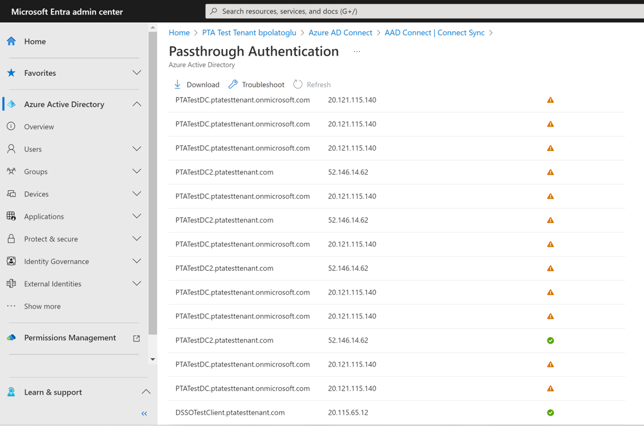 Screenshot shows Microsoft Entra admin center: Pass-through Authentication pane.