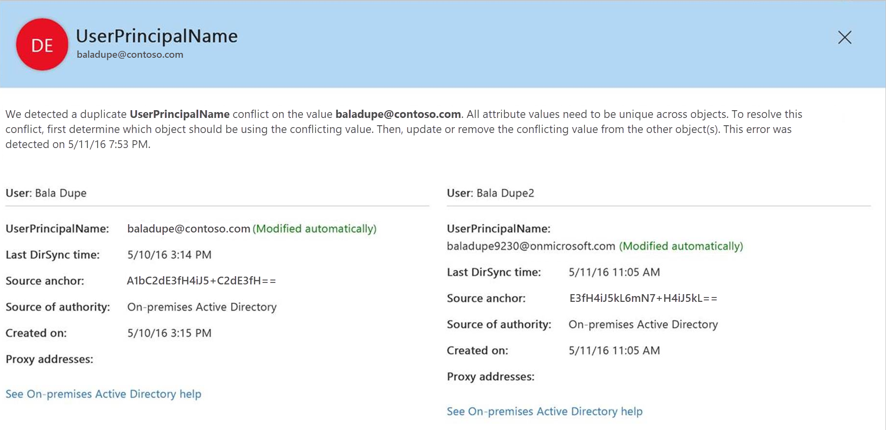 Captura de pantalla que muestra los errores de sincronización de directorios en el Centro de administración de Microsoft&nbsp;365.