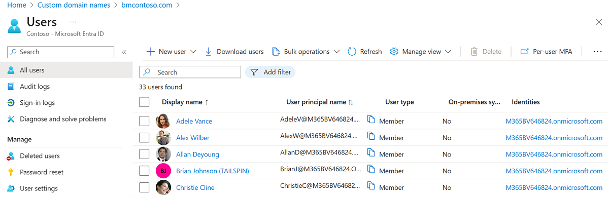 Captura de pantalla que muestra la comprobación de que los usuarios se sincronizaron en Microsoft Entra ID.