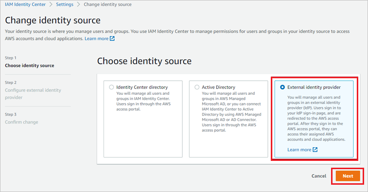Captura de pantalla de la sección de selección del proveedor de identidades externo.
