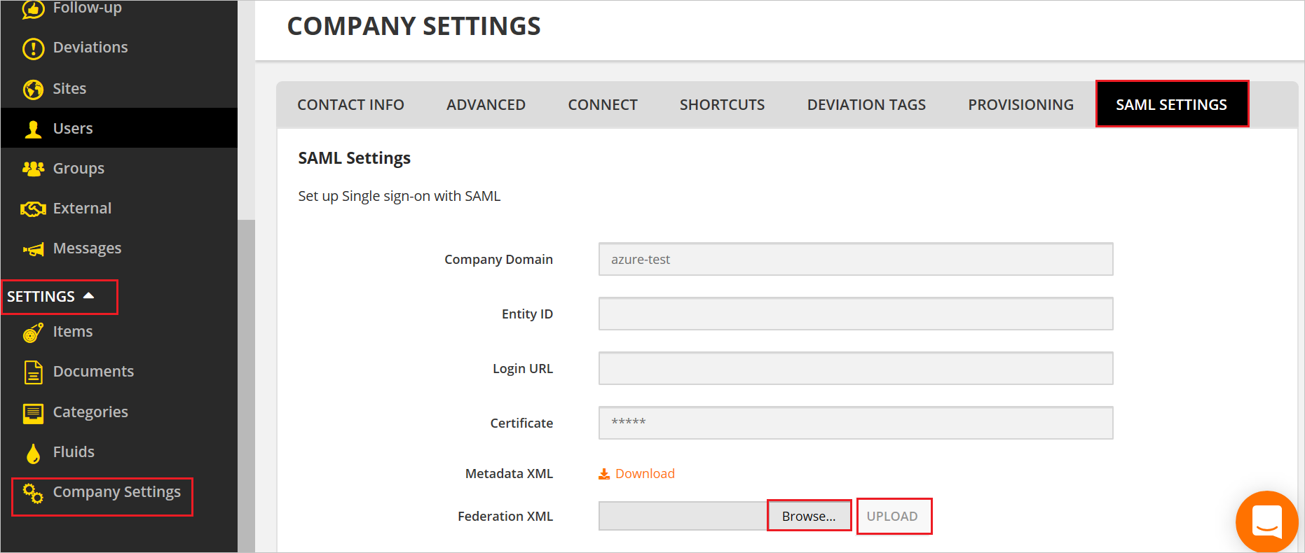 Página de configuración de SAML.