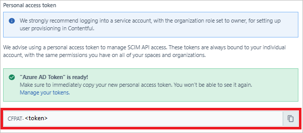 Captura de pantalla del panel del token de acceso personal, con C F P A T y el nombre del marcador de posición del token resaltado.