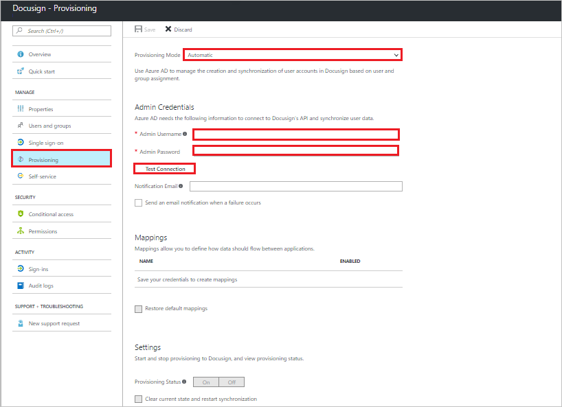 Captura de pantalla de la pestaña Aprovisionamiento para DocuSign en Azure Portal. El modo de aprovisionamiento se establece en Automático y Nombre de usuario de administrador, Contraseña y Probar conexión se resaltan.