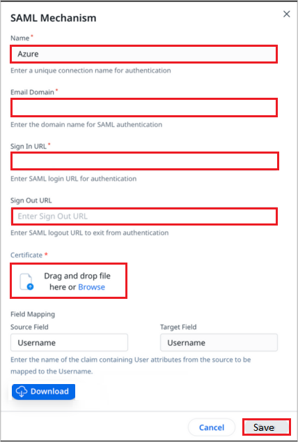 Edición de conexión Captura de pantalla en la que se muestra cómo editar la configuración de SAML en Gainsight.