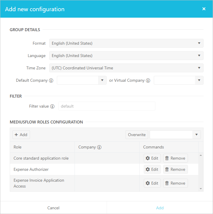 Captura de pantalla de la ventana para agregar una nueva configuración de MediusFlow. Muchos valores son visibles, como la configuración regional, un filtro y roles de usuario.