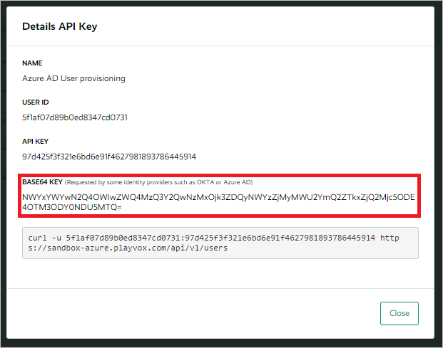 Captura de pantalla del cuadro de mensaje API Key (Clave de API) de la sección Details (Detalles) con el valor BASE64 KEY (Clave BASE64) resaltado.
