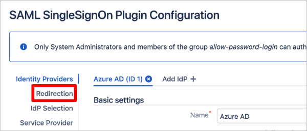 Captura de pantalla parcial de la página Jira SAML SingleSignOn Plugin Configuration (Configuración del complemento de inicio de sesión único de SAML de Jira) que resalta el vínculo Redirection (Redireccionamiento) en el panel de navegación izquierdo.