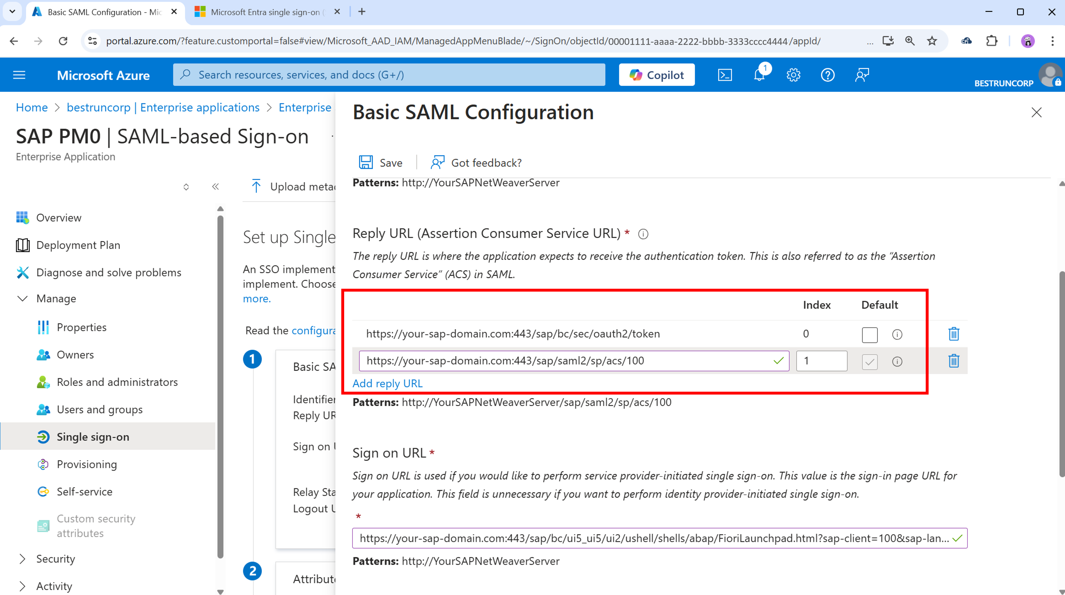Captura de pantalla de Azure Portal en la que se resalta la configuración para el uso paralelo de SAML2 y OAuth2.