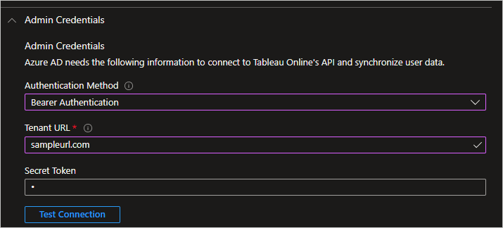 Captura de pantalla de credenciales de administrador en Tableau Cloud.