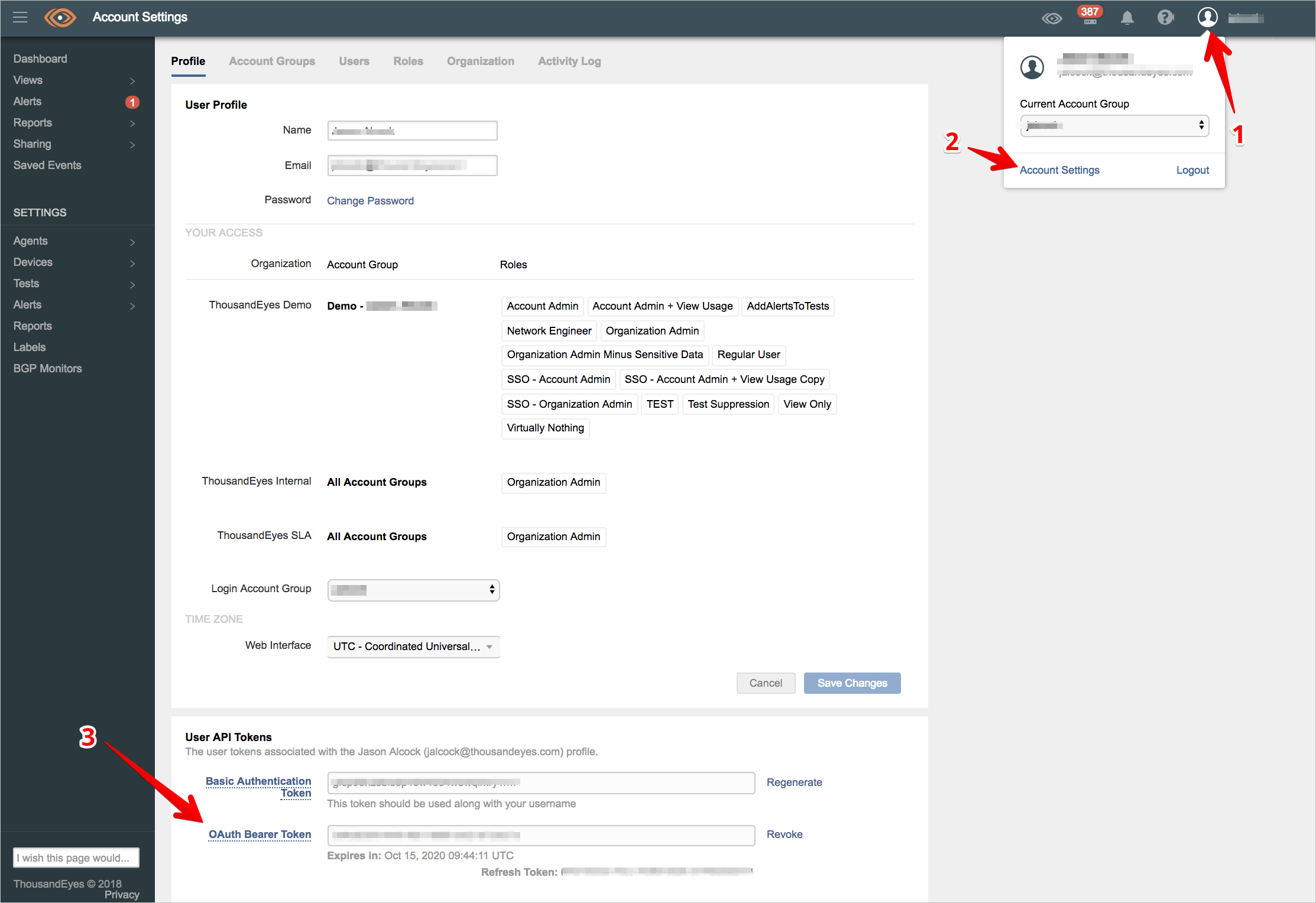 Screenshot shows where to find the Account Settings link for the Current Account Group.
