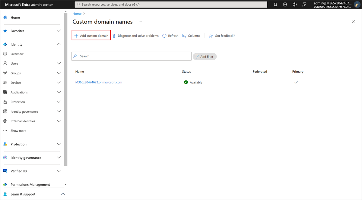 Captura de pantalla que muestra el dominio comprobado como agregado a Microsoft Entra ID.