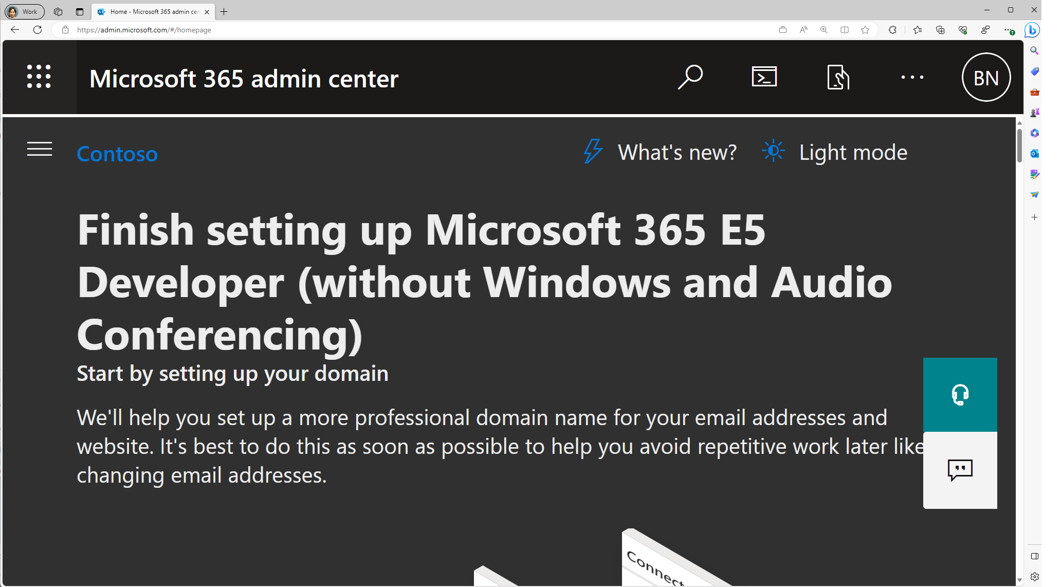 Captura de pantalla de la página de aterrizaje del Centro de administración de Microsoft.