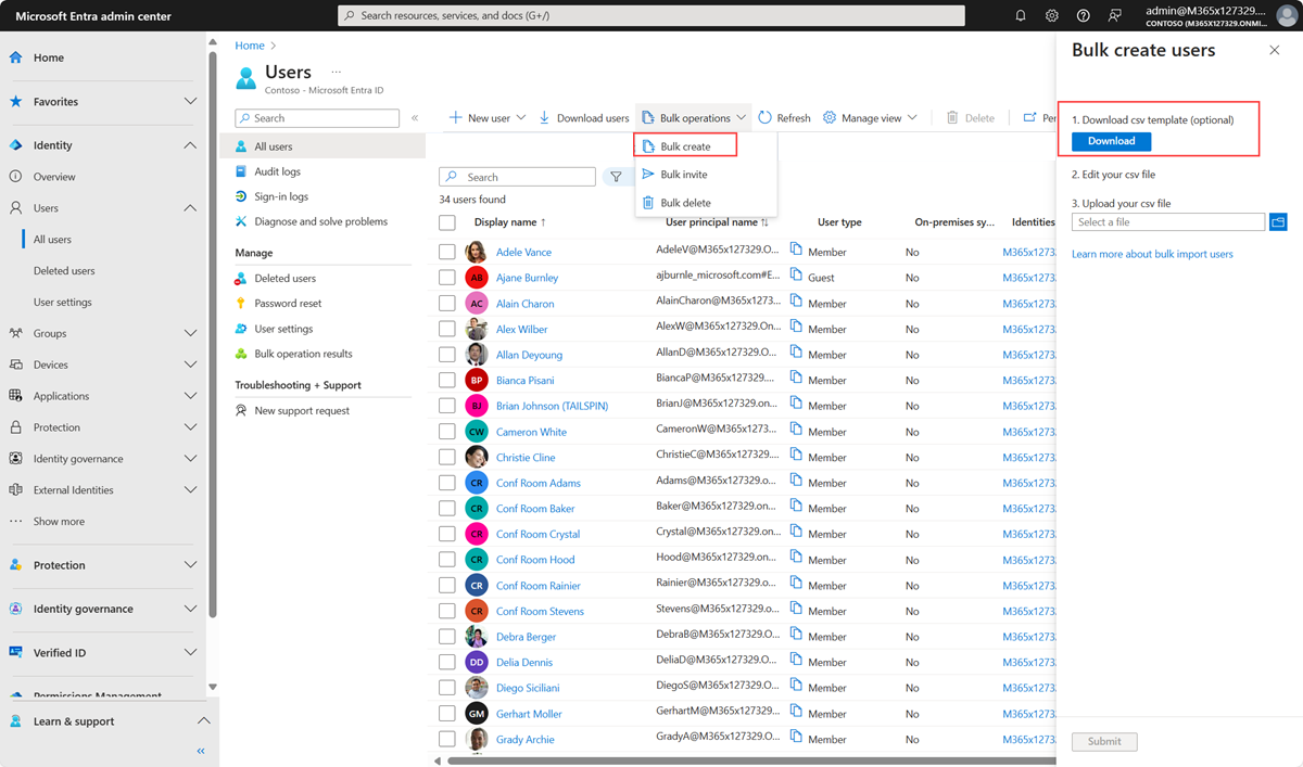 Captura de pantalla que muestra cómo seleccionar un archivo CSV local en el que se enumeran los usuarios que desea agregar.