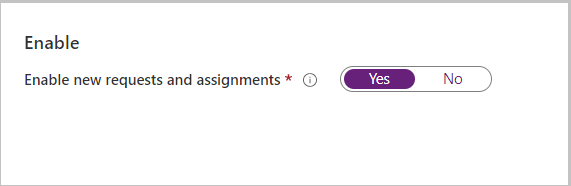 Captura de pantalla en la que se muestra la opción para habilitar nuevas solicitudes y asignaciones.