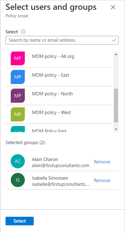 Screenshot that shows the pane for selecting users and groups for an access package.