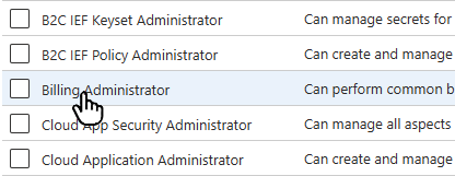 captura de pantalla de la página de Roles y administradores con el ratón sobre el nombre del rol.