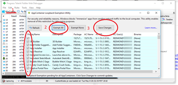 Interfaz de exención en Fiddler, que muestra todas las aplicaciones en el cuadro de diálogo WinConfig.