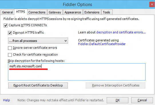 Captura de pantalla de Las opciones de Fiddler, en la que se muestra cómo configurar el descifrado HTTPS