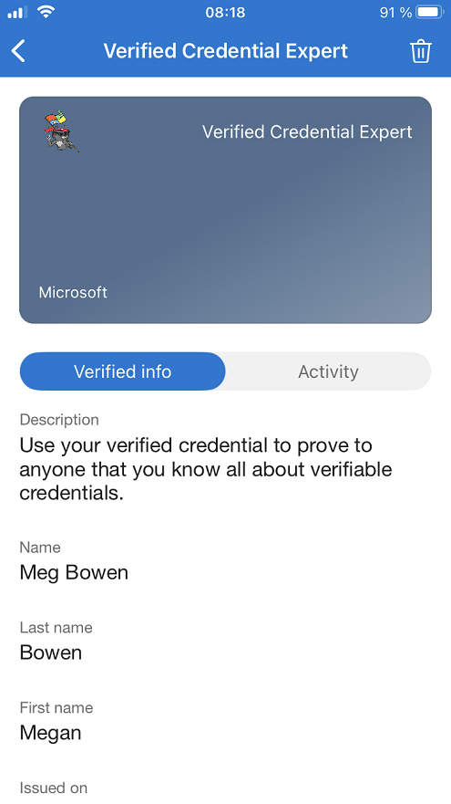 Captura de pantalla de las notificaciones en una credencial emitida.