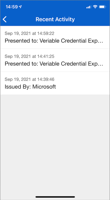 Captura de pantalla que muestra el historial de la credencial verificable.