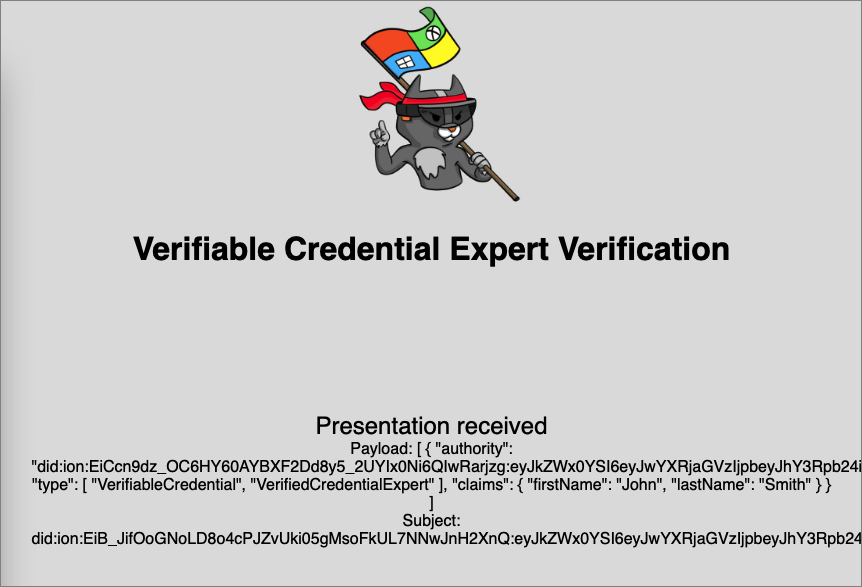 Captura de pantalla que muestra que la presentación de las credenciales verificables se ha recibido.