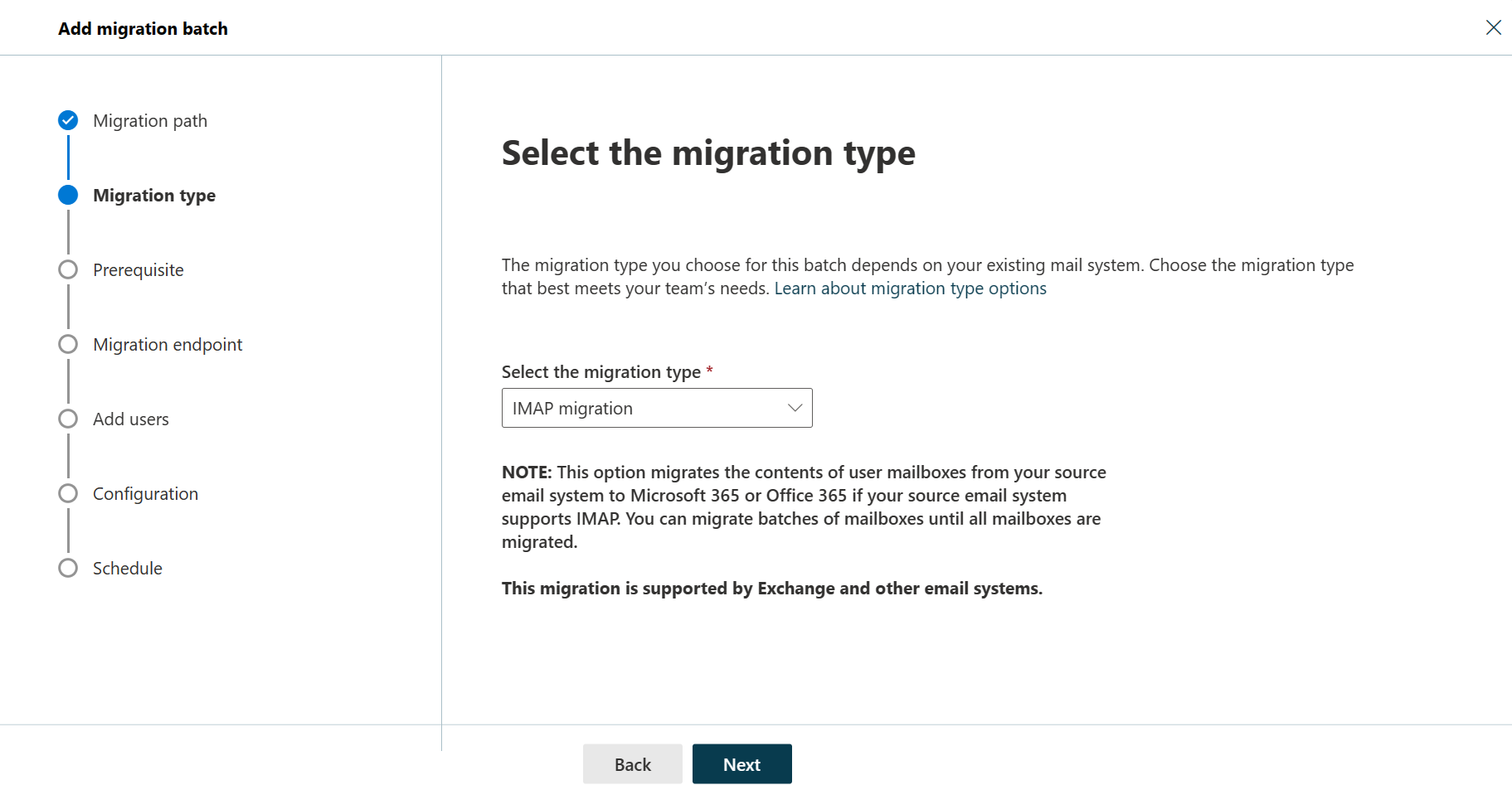 Captura de pantalla del segundo paso del Asistente para la migración por lotes con el tipo de migración seleccionado como migración IMAP.