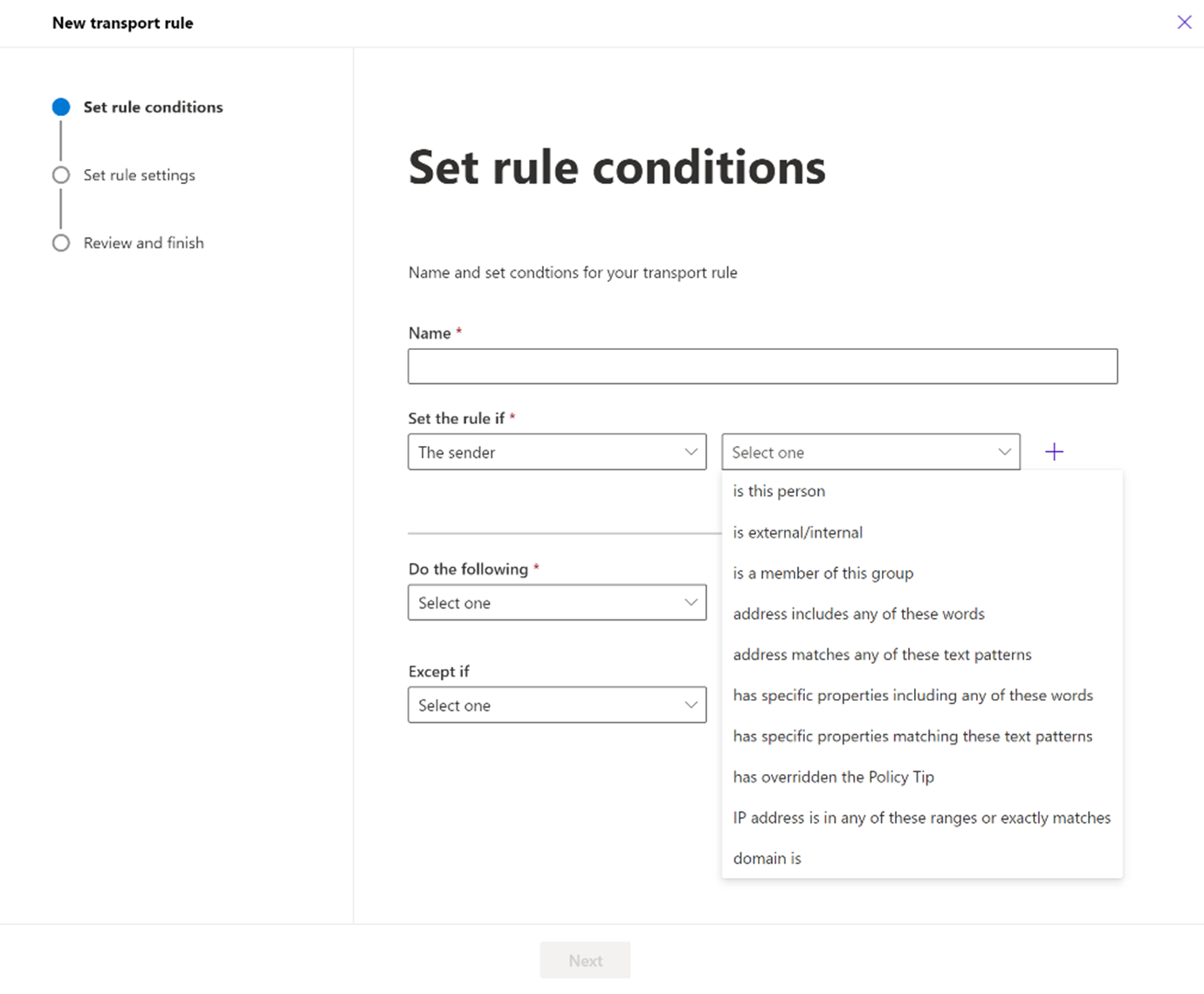 Captura de pantalla que muestra la página Establecer condiciones de regla.