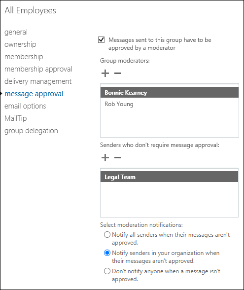 Configuración de aprobación de mensajes para un grupo de distribución.