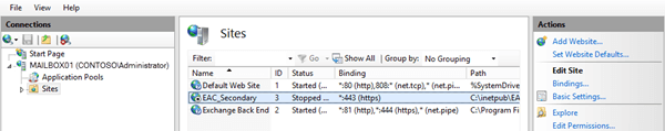 En el Administrador de IIS, seleccione el nuevo sitio web de EAC en el panel Sitios.