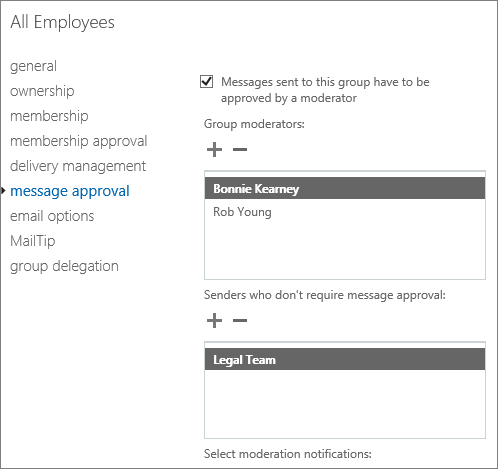 Configuración de aprobación de mensajes para un grupo de distribución.