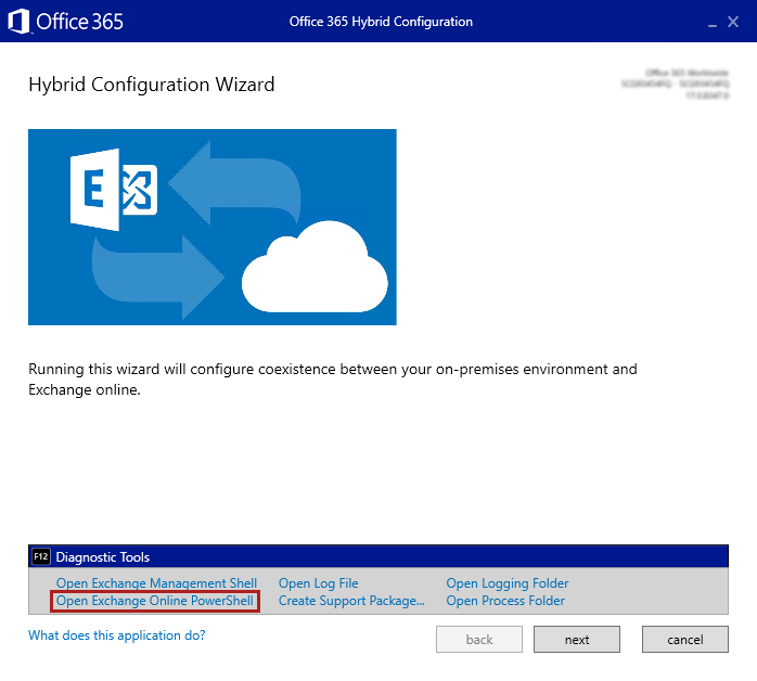 Captura de pantalla de la opción Abrir Exchange Online PowerShell en el panel Herramientas de diagnóstico de HCW.