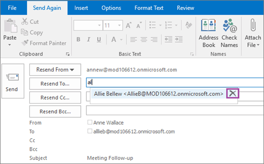 La captura de pantalla muestra la opción Enviar de nuevo en un mensaje de correo electrónico. En el campo Volver a enviar a, la característica Autocompletar proporciona la dirección de correo electrónico del destinatario en función de las primeras letras del nombre del mismo.