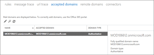 La captura de pantalla muestra la página Dominios aceptados del Centro de administración de Exchange. Se muestra información sobre el nombre, el dominio aceptado y el tipo de dominio.