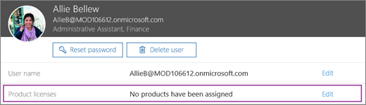 Captura de pantalla de la información del usuario. El área Licencias de producto muestra que no se ha asignado ningún producto al usuario y que la opción de edición está disponible.