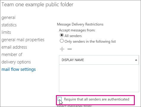Captura de pantalla de la página Restricciones de entrega de mensajes. La casilla Requerir que todos los remitentes se autentiquen está desactivada.