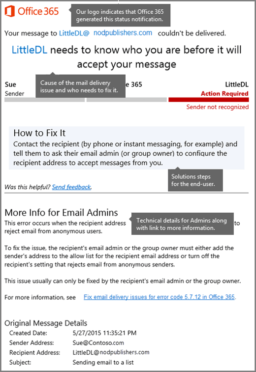 Captura de pantalla del formato más reciente para la notificación de estado de entrega en Exchange Online.