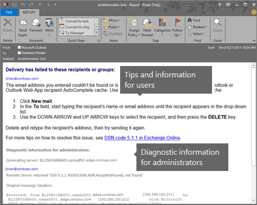 Captura de pantalla de un mensaje NDR que muestra información de diagnóstico de usuario y administrador.