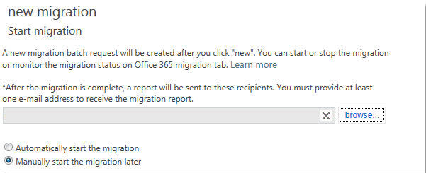 Captura de pantalla de la página Iniciar migración para la migración de transición.