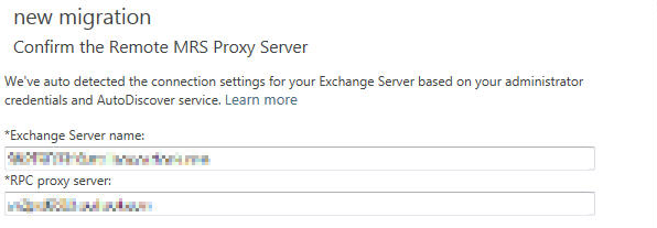 Captura de pantalla de la página Confirmar el servidor proxy MRS remoto para la migración almacenada provisionalmente.