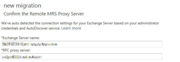 Captura de pantalla de la página Confirmar el servidor proxy MRS remoto para la migración total.