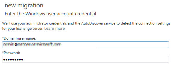 Captura de pantalla de la página Escribir las credenciales de la cuenta de usuario de Windows para la migración preconfigurada.