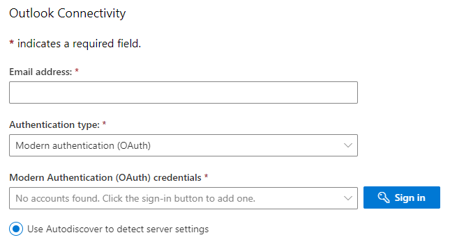 Captura de pantalla del formulario conectividad de Outlook, que muestra los campos obligatorios de dirección de correo electrónico, tipo de autenticación y credenciales.