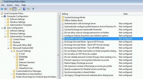 Captura de pantalla con el nodo Exchange en Outlook 2010 seleccionado.