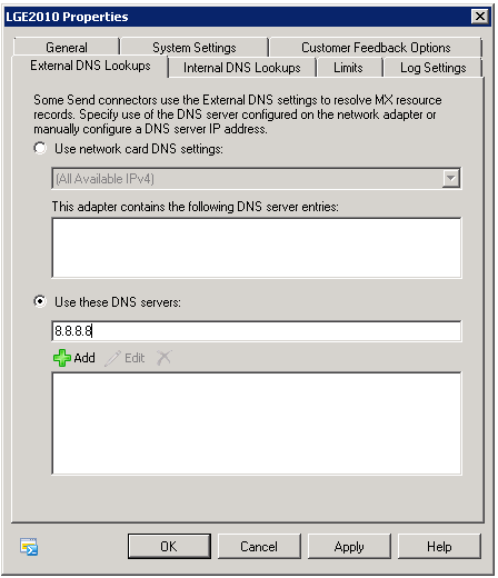 Captura de pantalla de agregar la dirección IP de los servidores DNS públicos en la configuración Búsquedas dns externas.