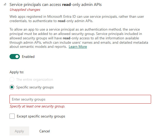 Captura de pantalla de la configuración de inquilino de permisos para entidades de servicio.
