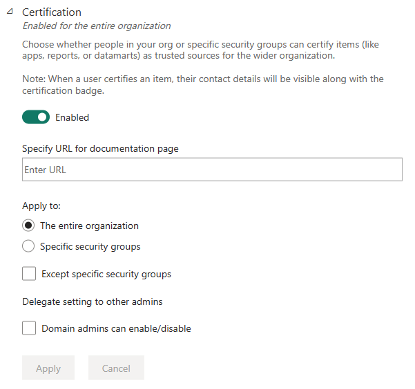 Captura de pantalla sobre cómo configurar la certificación de modelos semánticos y flujos de datos.